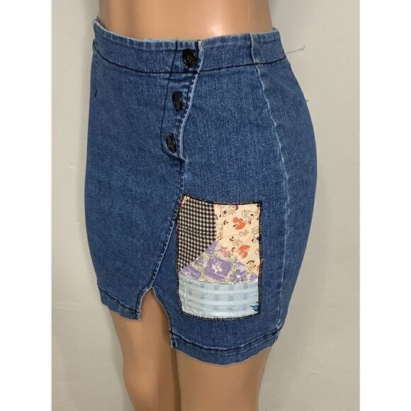 New. R.G KANE stretch patchwork denim skirt - Picture 5 of 10